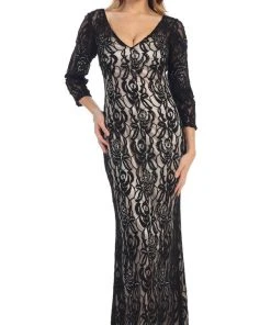 May Queen - MQ1254 Overlaid Lace V-Neck Sheath Evening Gown 12 May Queen - MQ1254 Overlaid Lace V-Neck Sheath Evening Gown