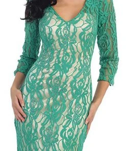 May Queen - MQ1254 Overlaid Lace V-Neck Sheath Evening Gown 10 May Queen - MQ1254 Overlaid Lace V-Neck Sheath Evening Gown