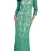 May Queen - MQ1254 Overlaid Lace V-Neck Sheath Evening Gown