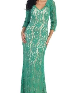 May Queen - MQ1254 Overlaid Lace V-Neck Sheath Evening Gown