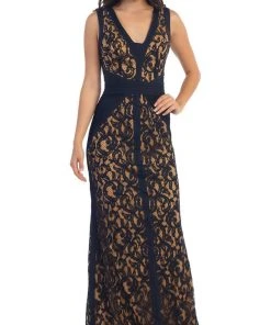 May Queen - MQ1270 Sleeveless V-Neck Lace Evening Gown Formal Gowns