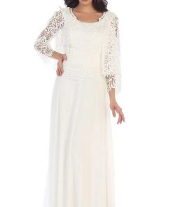 May Queen - MQ1288 Exquisite Bateau Lace Long Evening Dress With Lace Jacket Formal Gowns