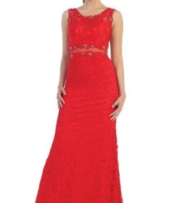 Formal Gowns May Queen - MQ1295 Stunning Beaded And Laced Illusion Sleeveless Long Formal Dress