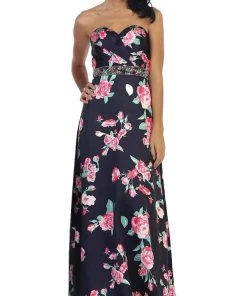 May Queen - MQ1403 Strapless Floral Print Evening Gown