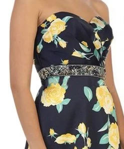 May Queen - MQ1403 Strapless Floral Print Evening Gown