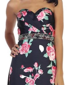May Queen - MQ1403 Strapless Floral Print Evening Gown