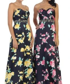 May Queen - MQ1403 Strapless Floral Print Evening Gown