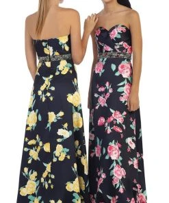 May Queen - MQ1403 Strapless Floral Print Evening Gown