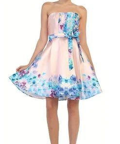 Cocktail Dresses May Queen - MQ1408 Strapless Pleated Floral Cocktail Dress