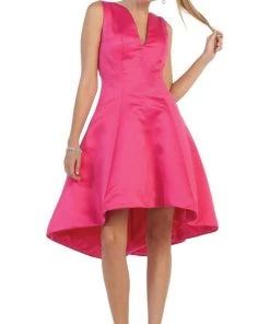 May Queen - MQ1409 Charming V-Neck High Low Satin Short Formal Dress