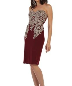 May Queen - MQ1439 Metallic Lace Ornate Strapless Short Formal Dress Cocktail Dresses