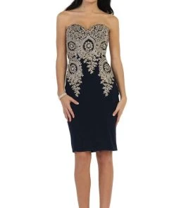 May Queen - MQ1439 Metallic Lace Ornate Strapless Short Formal Dress Cocktail Dresses 16 May Queen - MQ1439 Metallic Lace Ornate Strapless Short Formal Dress Cocktail Dresses