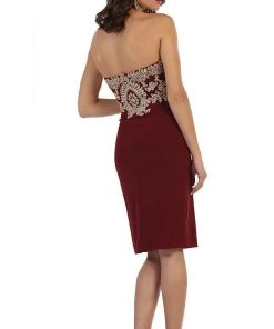 May Queen - MQ1439 Metallic Lace Ornate Strapless Short Formal Dress Cocktail Dresses