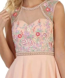 Cocktail Dresses May Queen - MQ1535 Floral Detailed Illusion Jewel A-line Cocktail Dress