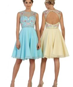 Cocktail Dresses May Queen - MQ1535 Floral Detailed Illusion Jewel A-line Cocktail Dress