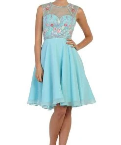 Cocktail Dresses May Queen - MQ1535 Floral Detailed Illusion Jewel A-line Cocktail Dress