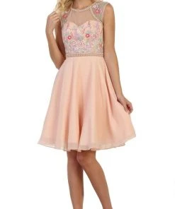 Cocktail Dresses May Queen - MQ1535 Floral Detailed Illusion Jewel A-line Cocktail Dress