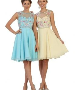 Cocktail Dresses May Queen - MQ1535 Floral Detailed Illusion Jewel A-line Cocktail Dress