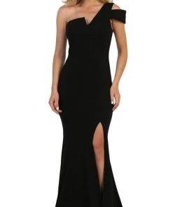 May Queen - MQ1572 Fitted One Shoulder Strap Evening Dress With Slit