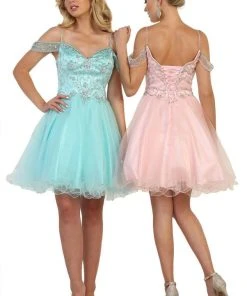 May Queen - MQ1575 Cold Shoulder Crystal Adorned A-Line Party Dress Cocktail Dresses