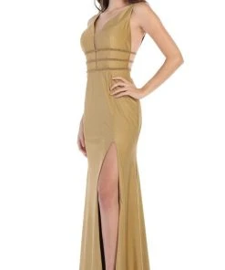 May Queen - MQ1582 Plunging Beaded Tri-Band High Slit Gown Formal Gowns