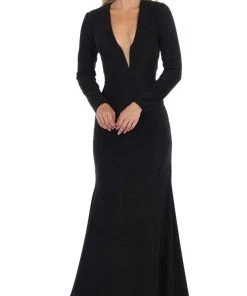 May Queen - MQ1583 Long Sleeve Deep V-neck Trumpet Dress Formal Gowns