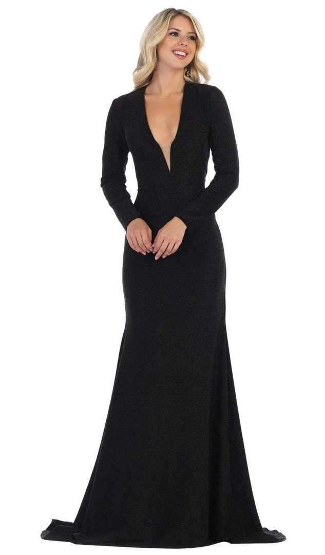May Queen - MQ1583 Long Sleeve Deep V-neck Trumpet Dress Formal Gowns 3 May Queen - MQ1583 Long Sleeve Deep V-neck Trumpet Dress Formal Gowns