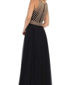 May Queen - MQ1586 Stripe Beaded Illusion Jewel Chiffon Gown Formal Gowns