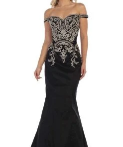 May Queen - MQ1609 Metallic Lace Appliqued Trumpet Gown Formal Gowns