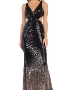 Formal Gowns May Queen - MQ1628 Two Tone Sequined Deep V-neck Sheath Dress