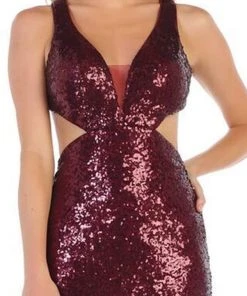 Formal Gowns May Queen - MQ1628 Two Tone Sequined Deep V-neck Sheath Dress