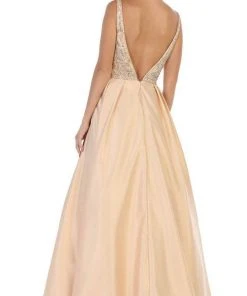 May Queen - MQ1632 Beaded V-Neck Pleated Ballgown