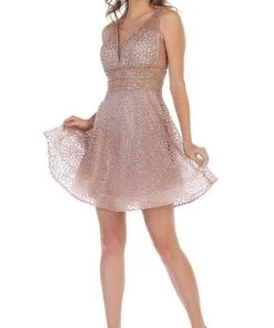 May Queen - MQ1653 Glitter Mesh Sleeveless V Neckline Cocktail Dress Cocktail Dresses