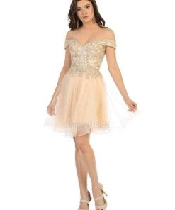May Queen - MQ1659 Embellished Off-shoulder Cocktail Dress - 1 Pc Champagne In Size 12 Available