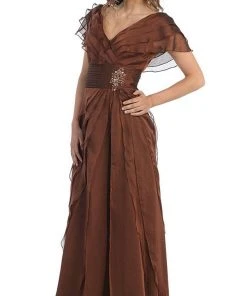 Formal Gowns May Queen - MQ831 Tiered Chiffon Surplice V-Neck Formal Dress