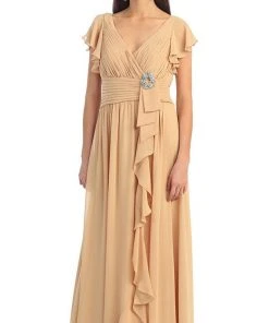 May Queen - MQ924 Butterfly Sleeve Ruched V-Neck Draping Evening Dress Formal Gowns