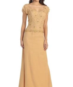 Formal Gowns May Queen - MQ993 Cap Sleeve Beaded Lace Bodice Long Evening Dress