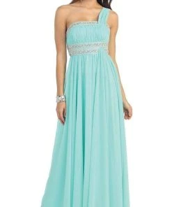 May Queen - One Shoulder Strap Bejeweled Chiffon Dress MQ748 Formal Gowns