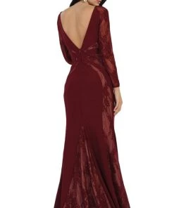 May Queen - Paneled Sheer Lace Sheath Long Evening Gown