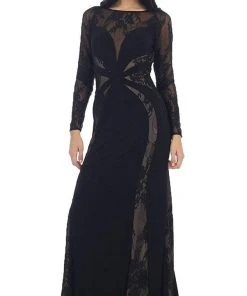 May Queen - Paneled Sheer Lace Sheath Long Evening Gown