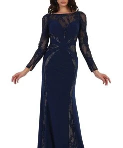 May Queen - Paneled Sheer Lace Sheath Long Evening Gown