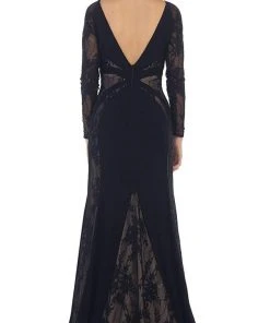 May Queen - Paneled Sheer Lace Sheath Long Evening Gown