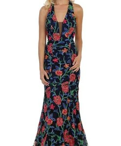 May Queen - Plunging V-neck Floral Sheath Evening Gown Formal Gowns