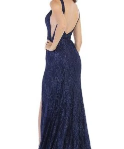 May Queen - Plunging V-Neck High Slit Lace Gown MQ1624 - 1 Pc Navy In Size 2 Available Formal Gowns