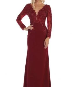 May Queen - Plunging V Neck Long Sleeves Dress MQ1630 - 1 Pc Burgundy In Size 10 Available Formal Gowns