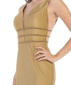 Formal Gowns May Queen - Plunging V-Neck Sleeveless Trumpet Evening Dress MQ1582 - 1 Pc Gold In Size 6 Available