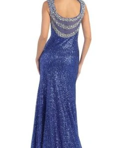 Formal Gowns May Queen - RQ-7209 Sequined V-neck Sheath Evening Gown