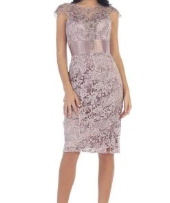 May Queen - RQ-7296 Embroidered Illusion Jewel Sheath Cocktail Dress Cocktail Dresses