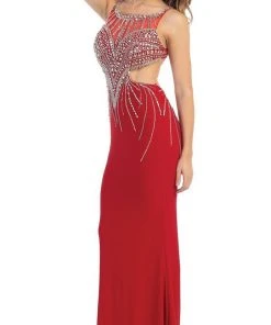May Queen - RQ-7334 Bejeweled Scoop Sheath Evening Dress