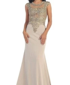 May Queen - RQ-7436 Gilded Sheer Jewel Sheath Evening Dress 16 May Queen - RQ-7436 Gilded Sheer Jewel Sheath Evening Dress